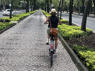 Nerys Parry cycling away from the camera along a tree-lined bike path running down the middle of a city boulevard