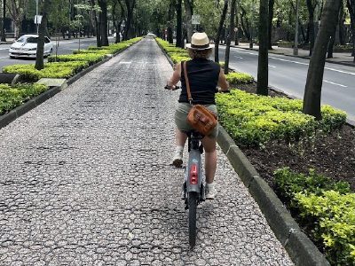 Nerys Parry cycling away from the camera along a tree-lined bike path running down the middle of a city boulevard