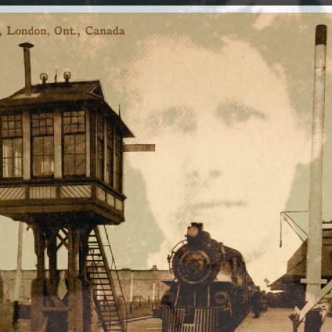Promotional tile for Haunted: an archival postcard of a railway yard in London, Ontario, with a woman’s face appearing in the sky above the train